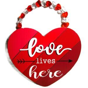 Heart Shaped Wood Sign Love Lives Here with Red Clear Acrylic Beads 8x9 inches